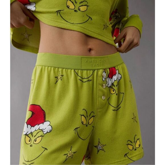 american eagle grinch plush pj shorts elastic waist loungewear christmas green L - Picture 1 of 12